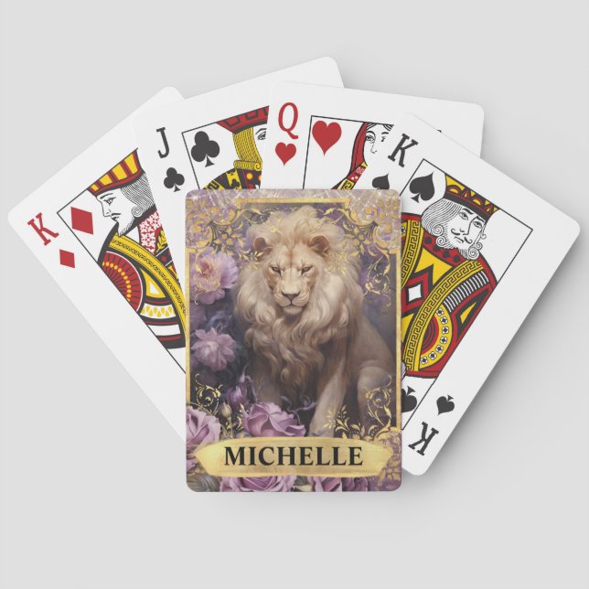 Romantic Lion and Purple Roses Fantasy Poker Cards (Back)