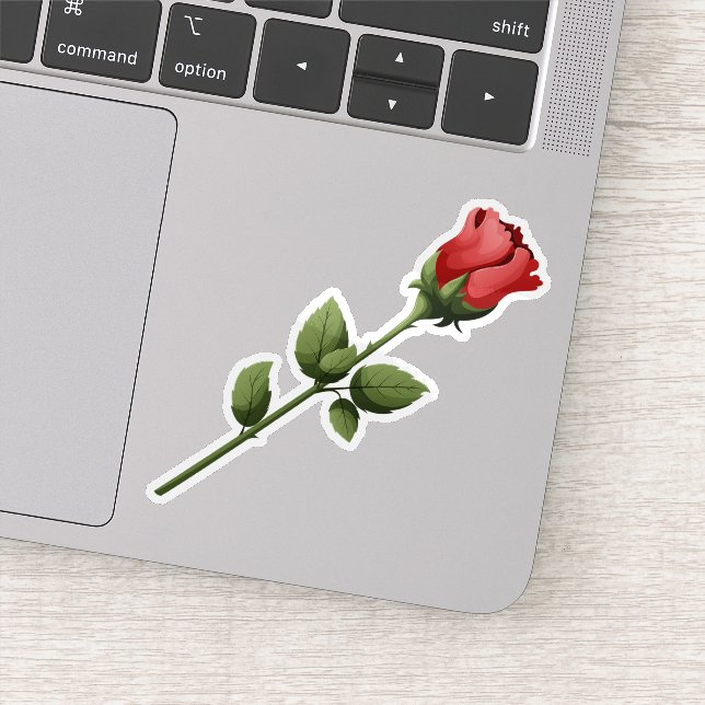 Romantic Long Stem Red Rose Bud with Green Leaves Sticker (Detail)