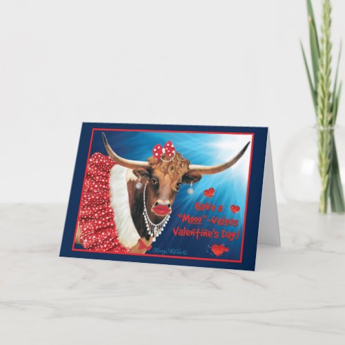 Romantic Longhorn Cow Valentine Card