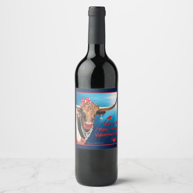 Romantic Longhorn Cow Valentine Wine Label (Front)