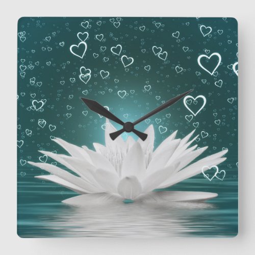 Romantic Lotus Flower Hearts Zen Yoga Water Lily Square Wall Clock