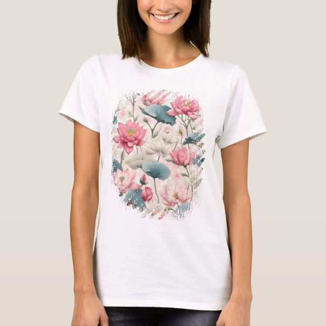 Romantic Lotus in Pink, Cream, and Soft Green T-Shirt (Front)
