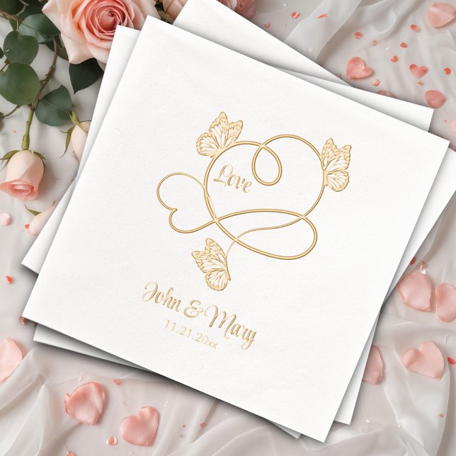 Romantic Love and Butterflies Custom Names Date Foil Napkins (Creator Uploaded)