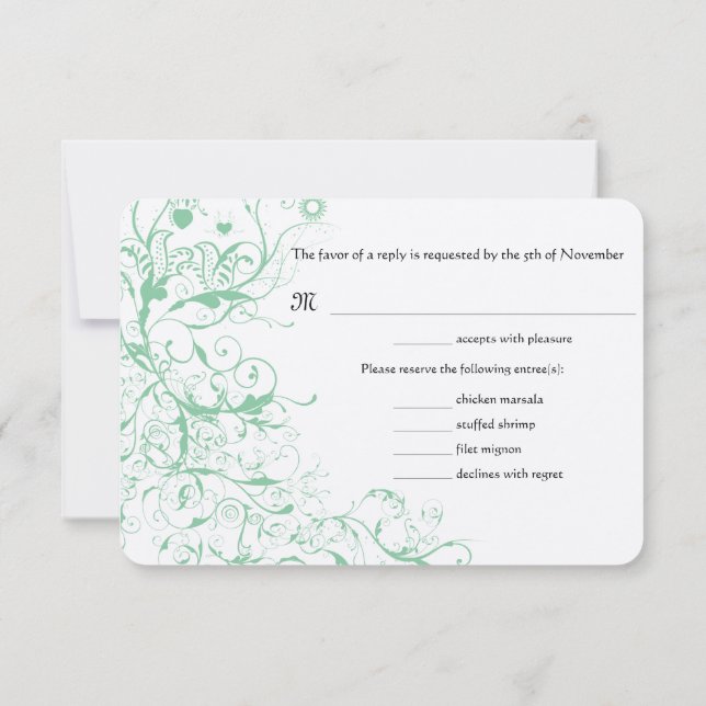 Romantic Love Bird Mint Wedding RSVP Card (Back)