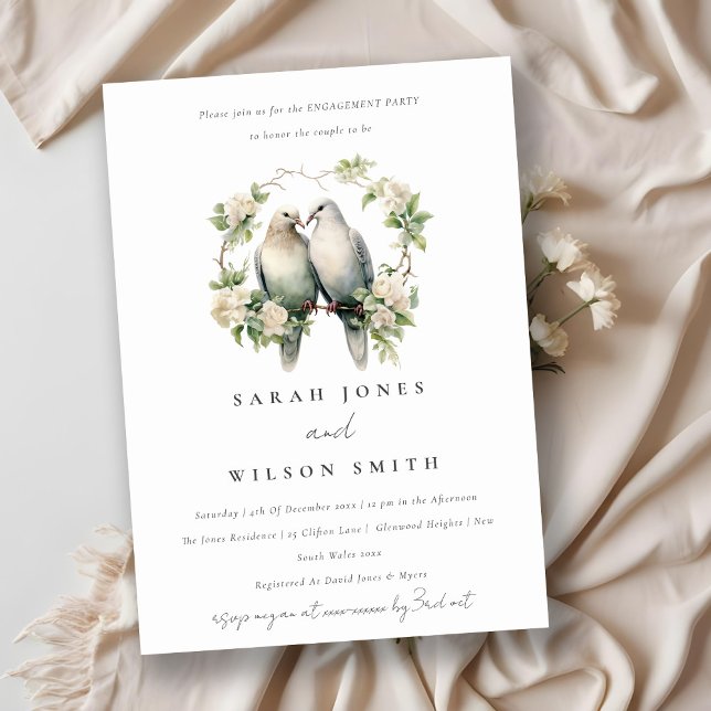 Romantic Love Birds Botanical Wreath Engagement Invitation (Creator Uploaded)