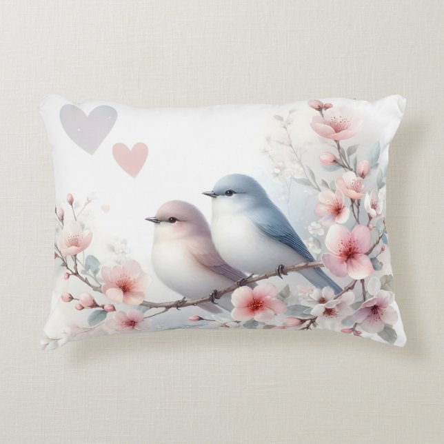 Romantic Love Birds Cherry Blossom Branch Accent Pillow (Front)
