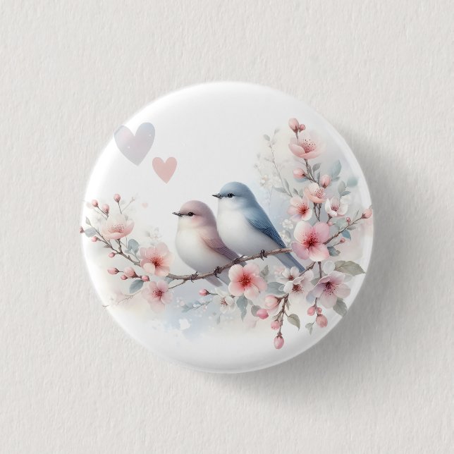 Romantic Love Birds Cherry Blossom Branch Button (Front)