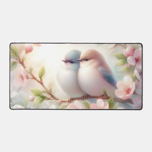 Romantic Love Birds Cherry Blossom Branch Desk Mat (Front)
