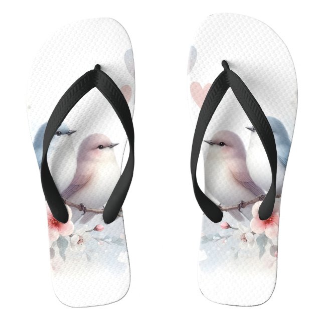 Romantic Love Birds Cherry Blossom Branch Flip Flops (Footbed)