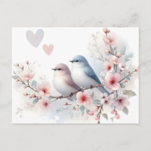 Romantic Love Birds Cherry Blossom Branch Holiday Postcard