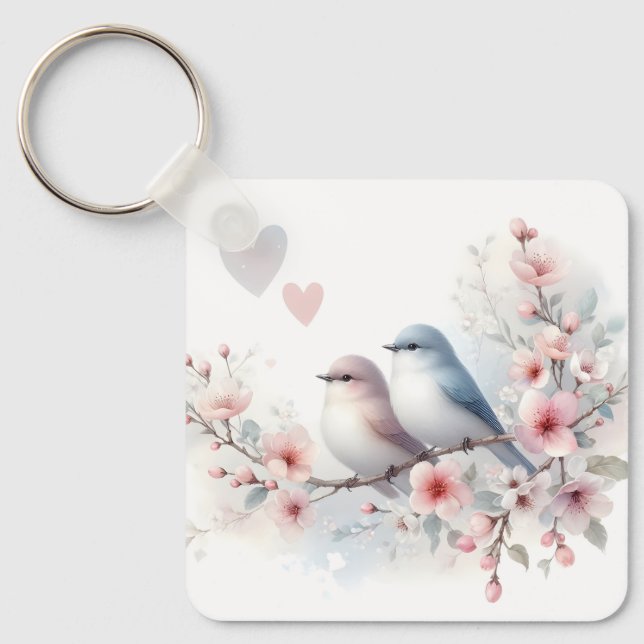 Romantic Love Birds Cherry Blossom Branch Keychain (Front)