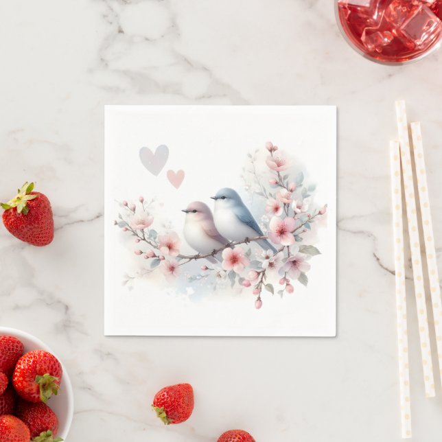 Romantic Love Birds Cherry Blossom Branch Napkins (Insitu)