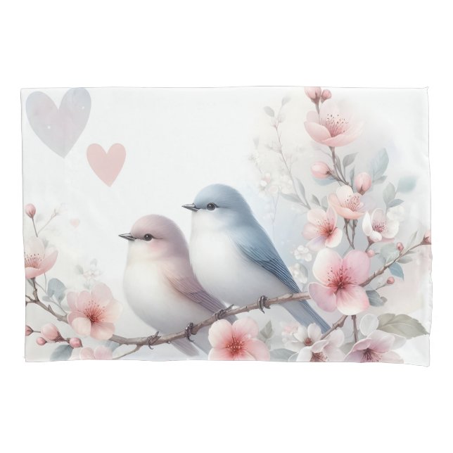 Romantic Love Birds Cherry Blossom Branch Pillow Case (Front)