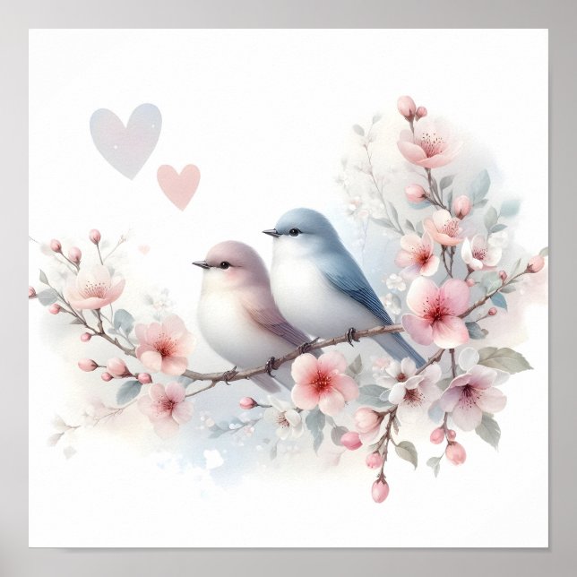 Romantic Love Birds Cherry Blossom Branch Poster (Front)