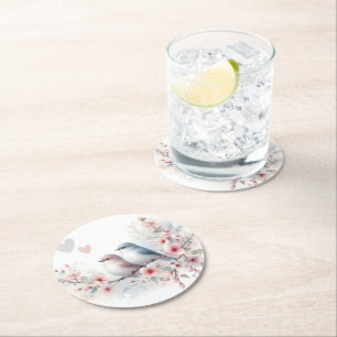 Romantic Love Birds Cherry Blossom Branch Round Paper Coaster
