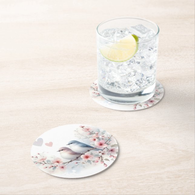 Romantic Love Birds Cherry Blossom Branch Round Paper Coaster (Insitu)