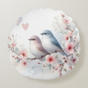 Romantic Love Birds Cherry Blossom Branch Round Pillow