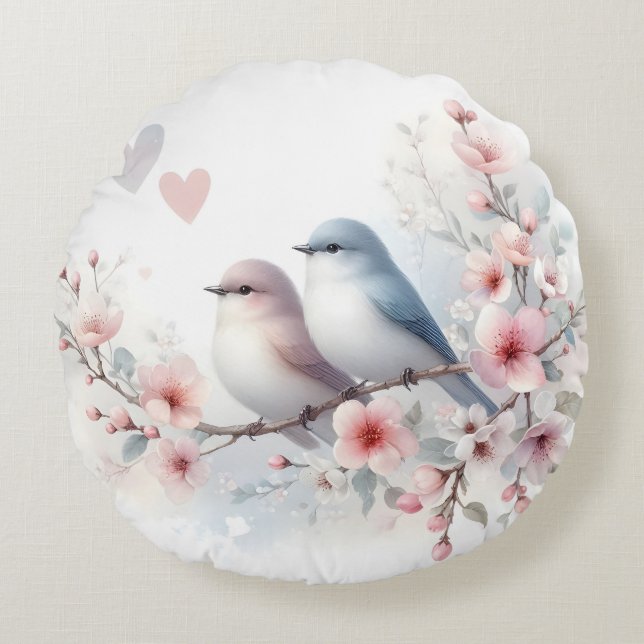 Romantic Love Birds Cherry Blossom Branch Round Pillow (Front)