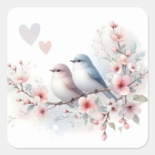 Romantic Love Birds Cherry Blossom Branch Square Sticker
