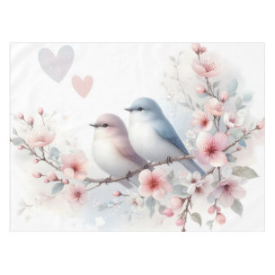 Romantic Love Birds Cherry Blossom Branch Tablecloth