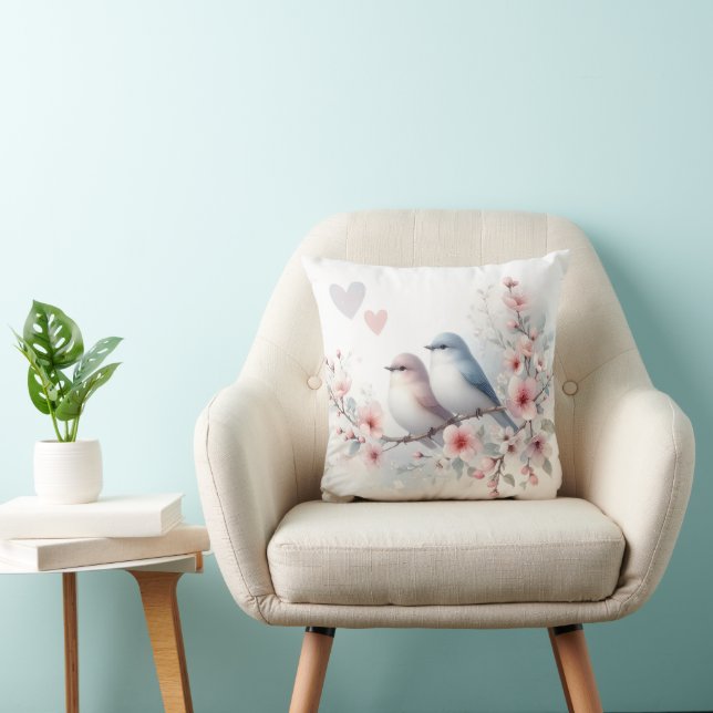 Romantic Love Birds Cherry Blossom Branch Throw Pillow (Chair)