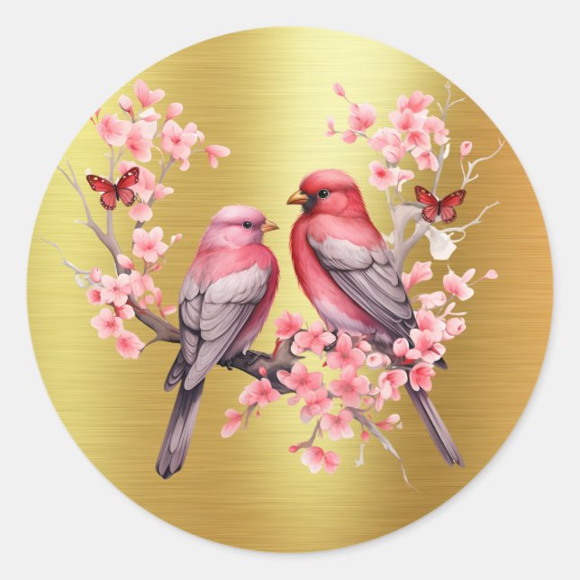 Romantic Love Birds - Pink Cherry Trees  Classic Round Sticker (Front)
