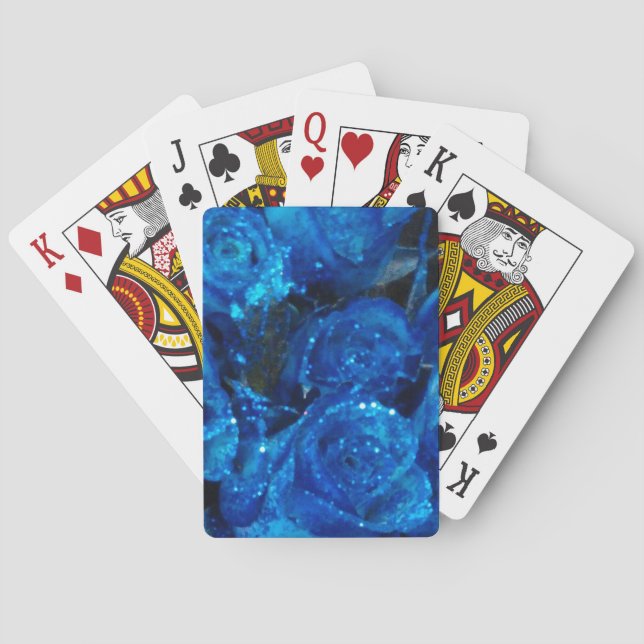 Romantic Love Blue Glitter Glamor Roses Poker Cards (Back)