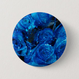 Romantic Love Blue Glitter Glamour Roses Button