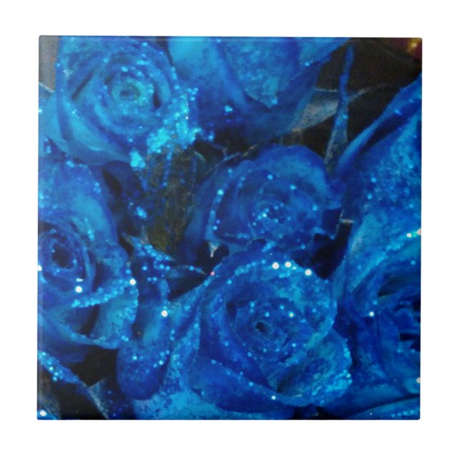 Romantic Love Blue Glitter Glamour Roses Ceramic Tile (Front)