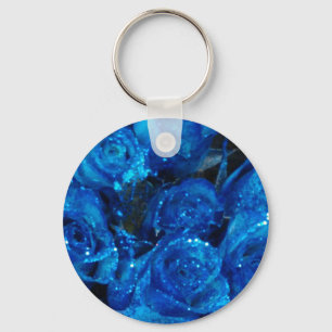 Romantic Love Blue Glitter Glamour Roses Keychain