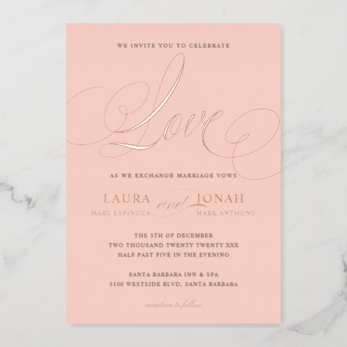 Romantic Love Calligraphy Blush Pink Rose Gold Foil Invitation