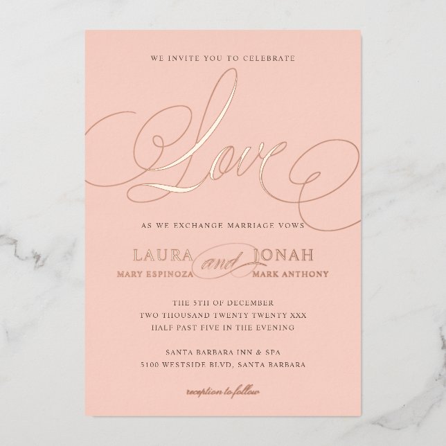 Romantic Love Calligraphy Blush Pink Rose Gold Foil Invitation (Front)