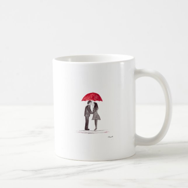 Romantic love couple with red umbrella watercolor coffee mug (Right)