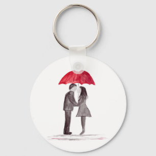 Romantic love couple with red umbrella watercolor keychain