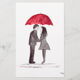 Romantic love couple with red umbrella watercolor stationery