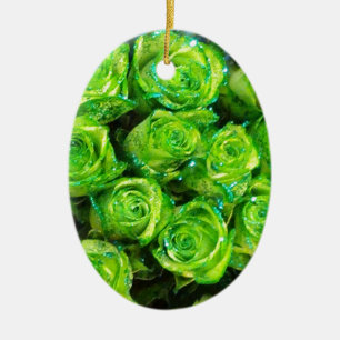 Romantic Love Green Valentine Glitter Roses Ceramic Ornament