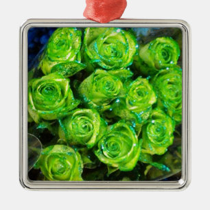Romantic Love Green Valentine Glitter Roses Metal Ornament