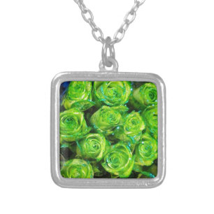 Romantic Love Green Valentine Glitter Roses Silver Plated Necklace