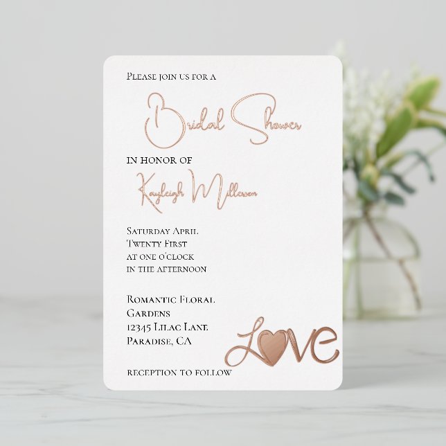 Romantic Love Heart Bridal Shower Foil Invitation (Standing Front)