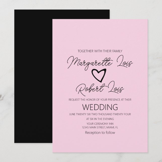 Romantic Love Heart Pink Black Invitation (Front/Back)