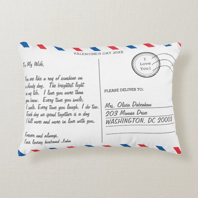 Romantic Love Letter Postcard Valentine's Day Accent Pillow (Front)