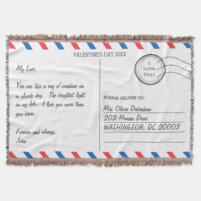 Romantic Love Letter Postcard Valentine's Day Throw Blanket (Front)