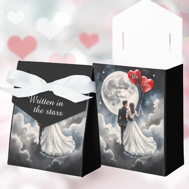 Romantic Love On Cloud Nine Fairytale Wedding Favor Boxes (Front view love is in the air under watercolor starry night sky – On Cloud Nine Wedding Favor Box)