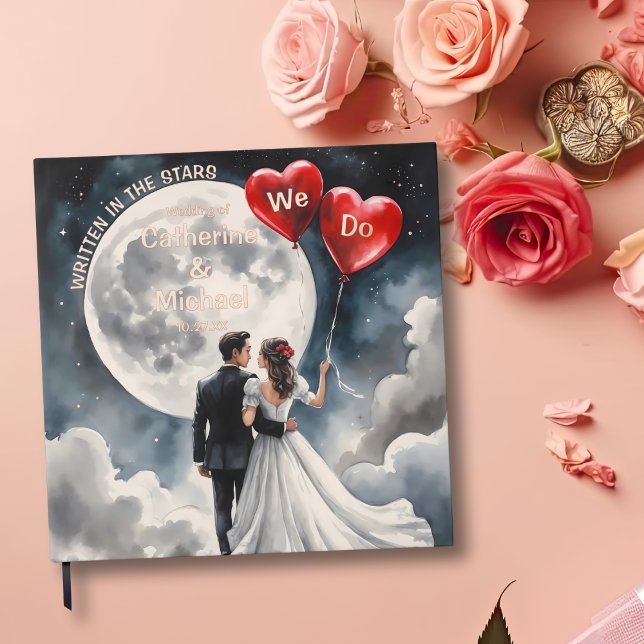 Romantic Love On Cloud Nine Fairytale Wedding Foil Guest Book (Front view together forever we do under celestial midnight sky - On Cloud Nine Wedding Guest Book)