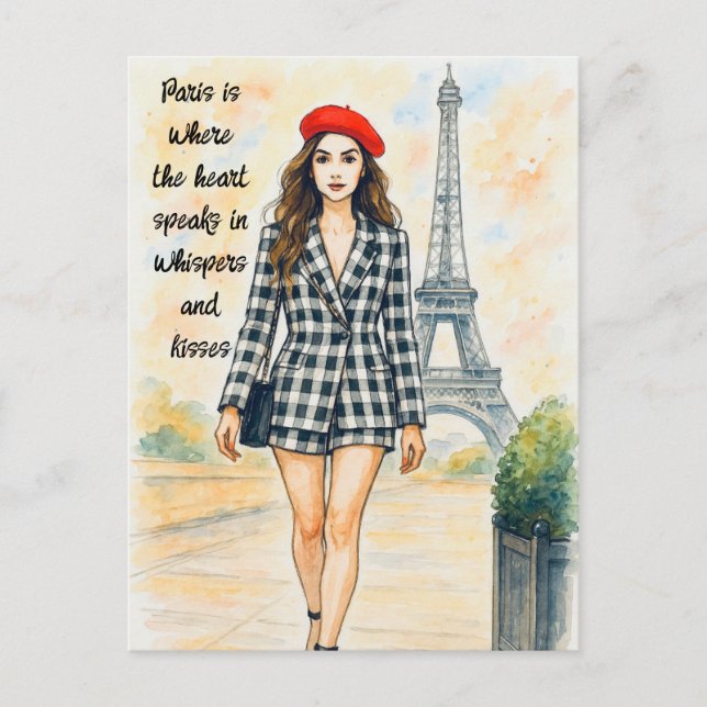 Romantic Love Paris Man Woman Watercolor Postcard (Front)