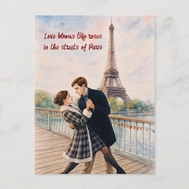 Romantic Love Paris Man Woman Watercolor Postcard (Front)