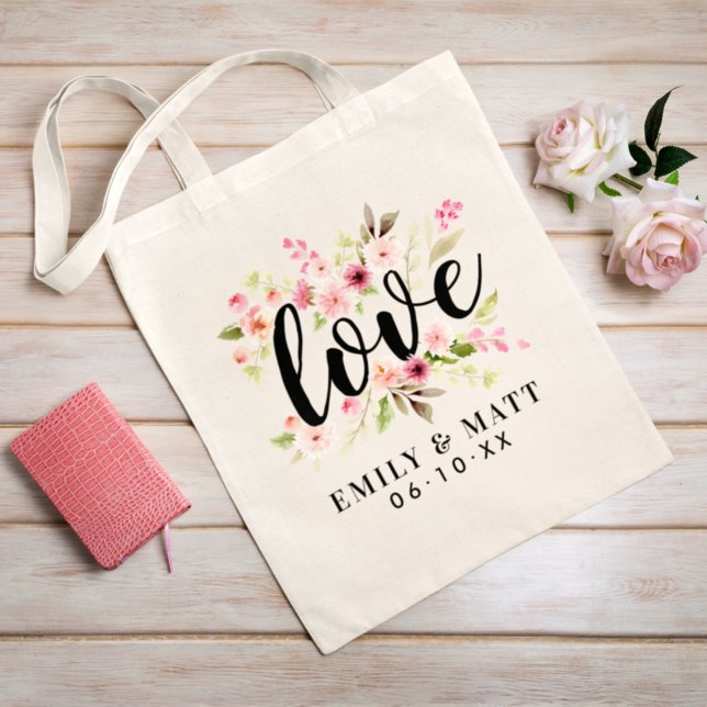 Romantic Love Pink Floral Couple Names Tote Bag (Creator Uploaded)