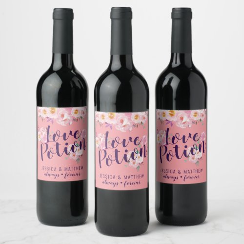 Romantic Love Potion Pink Floral Valentines Wine Label