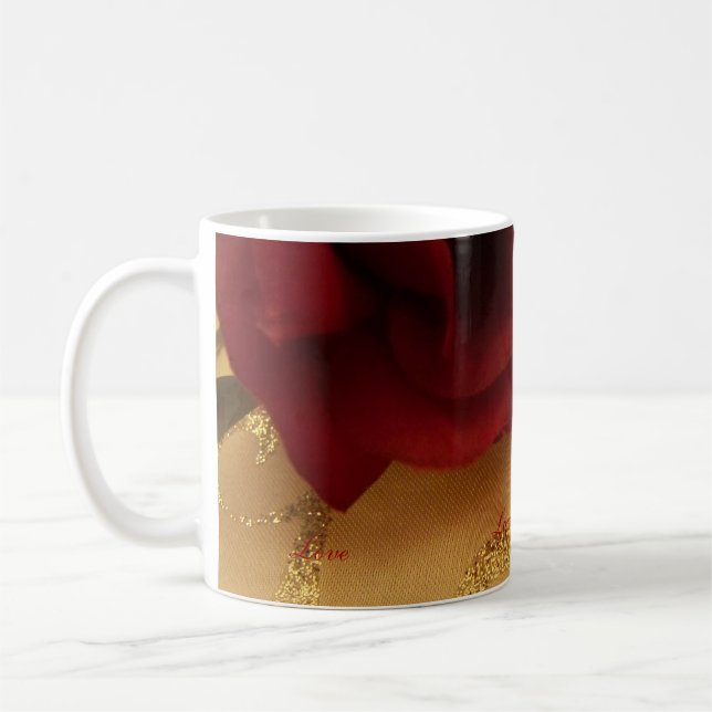 Romantic Love Red Rose And Gold Swirl Coffee Mug (Left)