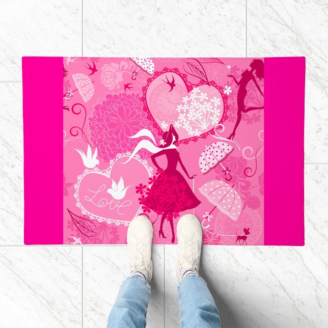 Romantic Love Silhouette Pattern Pink Hearts Doormat (Creator Uploaded)
